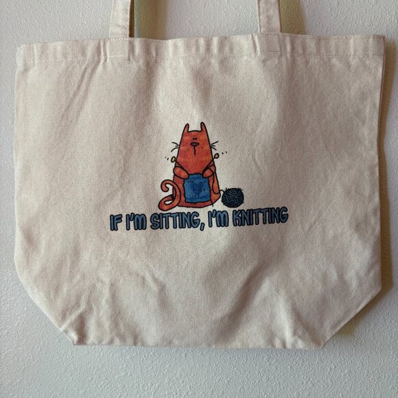 Orange Tabby Cat Knitting Canvas Tote Bag Knitters Cat Lady Person Beige Canvas - Picture 6 of 7